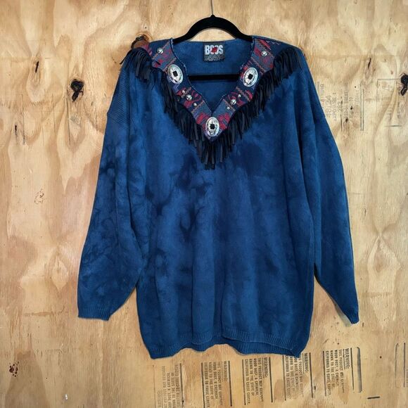 Vintage 80s BOOS Western Fringe Oversized Blue 100% Cotton Sweater One Size - Picture 1 of 5